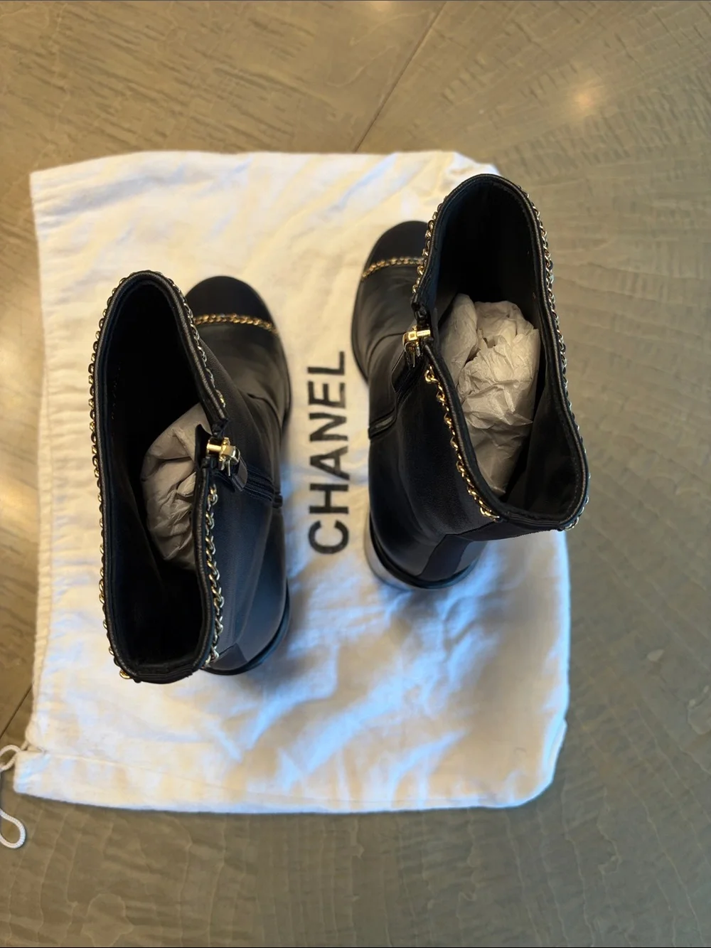 CHANEL Black Leather Golden Chain-Trim Block Heel Boots